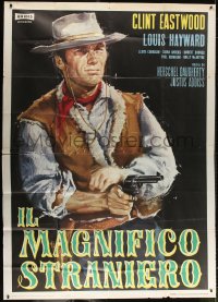 4w909 MAGNIFICENT STRANGER Italian 2p 1967 cool art of cowboy Clint Eastwood pointing gun!