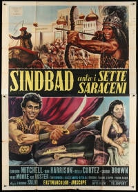 4w954 SINBAD AGAINST THE 7 SARACENS Italian 2p 1964 De Amicis art of Gordon Mitchell, fantasy!