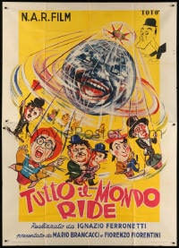 4w981 TUTTO IL MONDO RIDE Italian 2p 1952 Laurel & Hardy, Lloyd, Chaplin, different Palt art, rare!