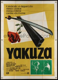 4w998 YAKUZA Italian 2p 1975 Robert Mitchum, Paul Schrader, cool sword, rose & shotgun art!