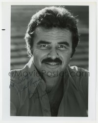 4x735 BURT REYNOLDS signed 8x10 REPRO still 1980s head & shoulders portrait with unbuttoned shirt!