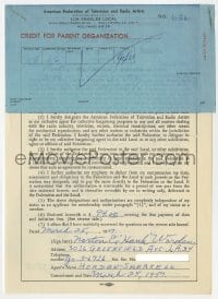4x083 HANK WORDEN signed contract 1957 The Searchers actor paying his AFTRA dues of $94.77