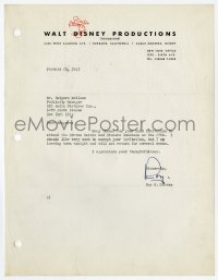 4x107 ROY O. DISNEY signed letter 1943 apologizing for not attending an RKO luncheon in New York!