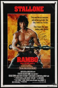 4x064 RAMBO FIRST BLOOD PART II signed 1sh 1985 by Sylvester Stallone, c/u with rocket launcher!