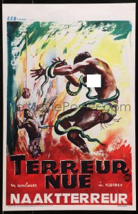 4y035 NAKED TERROR Belgian 1961 wild artwork of topless woman dancing with snakes, Terreur Nue!
