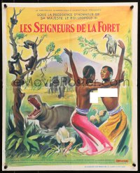 4y198 MASTERS OF THE CONGO JUNGLE French 18x22 1960 Grinsson art with topless natives & wildlife!