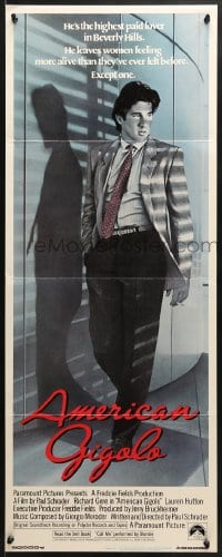4y455 AMERICAN GIGOLO int'l insert 1980 male prostitute Richard Gere framed for murder!