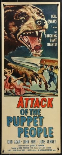 4y459 ATTACK OF THE PUPPET PEOPLE insert 1958 AIP, art of tiny people w/steak knife attacking dog!