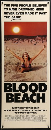 4y475 BLOOD BEACH insert 1981 Jaws parody tagline, image of sexy girl in bikini sinking in sand!