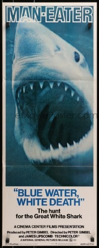 4y479 BLUE WATER, WHITE DEATH insert 1971 super close image of great white shark with open mouth!