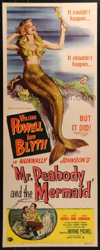 4y594 MR. PEABODY & THE MERMAID insert 1948 romantic art of William Powell & mermaid Ann Blyth!