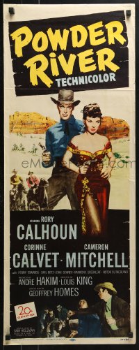 4y625 POWDER RIVER insert 1953 art of cowboy Rory Calhoun & super sexy Corinne Calvet holding gun!