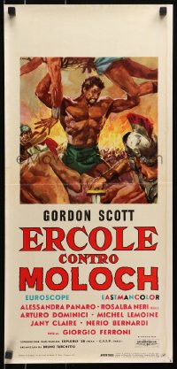 4y083 HERCULES AGAINST MOLOCH Italian locandina 1963 Ciriello art of Gordon Scott protecting girl!