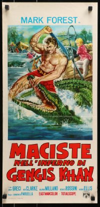 4y084 HERCULES AGAINST THE BARBARIAN Italian locandina 1964 Mark Forest wrestles an alligator!