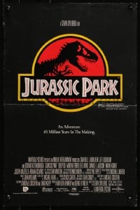 4z077 JURASSIC PARK Aust mini poster 1993 Spielberg, classic logo with T-Rex over red background!
