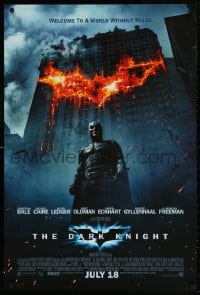 4z611 DARK KNIGHT int'l advance DS 1sh 2008 Christian Bale as Batman in front of burning bat symbol!