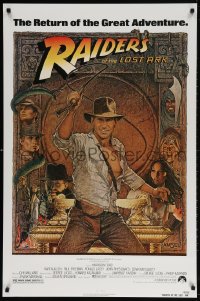 4z842 RAIDERS OF THE LOST ARK 1sh R1982 great Richard Amsel art of adventurer Harrison Ford!