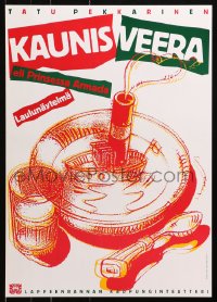 4z229 KAUNIS VEERA 17x23 Finnish stage poster 1980s art of a place setting with a steamboat!