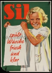 4z117 SIL 23x33 German advertising poster 1930s art of smiling child holding clean cloth!