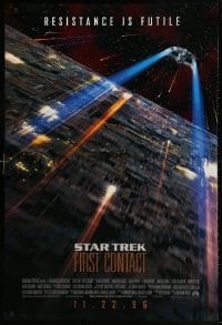 4z906 STAR TREK: FIRST CONTACT int'l advance DS 1sh 1996 starship Enterprise above Borg cube!