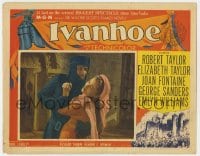 5b498 IVANHOE LC #3 1952 close up of Joan Fontaine resisting Robert Douglas in suit of armor!