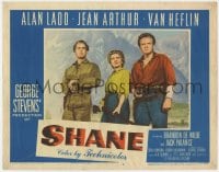 5b767 SHANE LC #6 1953 posed studio portrait of Alan Ladd, Jean Arthur & Van Heflin with guns!