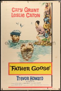 5c436 FATHER GOOSE style Y 40x60 1965 art of pretty Leslie Caron laughing at sea captain Cary Grant!