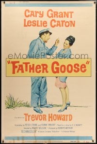 5c437 FATHER GOOSE style Z 40x60 1965 art of sea captain Cary Grant yelling at pretty Leslie Caron!
