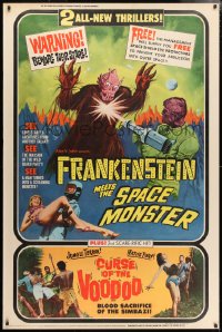 5c441 FRANKENSTEIN MEETS THE SPACE MONSTER/CURSE OF VOODOO 40x60 1965 cool art of alien monsters!