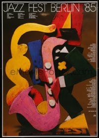 5c234 JAZZ FEST BERLIN '85 33x47 German music poster 1984 Gunther Kieser of sax player!