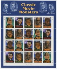 5d040 CLASSIC MOVIE MONSTERS uncut postage stamps 1996 Frankenstein, Dracula, Mummy, Wolf Man