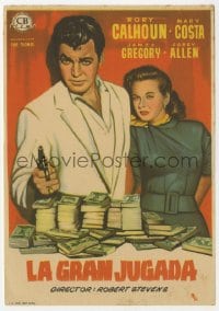 5d432 BIG CAPER Spanish herald 1957 MCP art of Rory Calhoun & Mary Costa with stacks of cash!