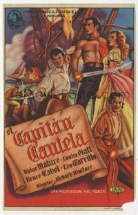 5d476 CAPTAIN CAUTION Spanish herald 1944 art of barechested swashbuckler Victor Mature & top cast!