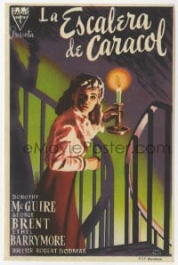 5d878 SPIRAL STAIRCASE Spanish herald 1947 art of scared Dorothy McGuire holding candle on stairs!