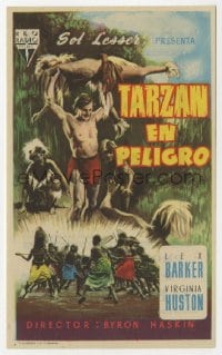 5d908 TARZAN'S PERIL Spanish herald 1954 great different art of Lex Barker fighting natives!