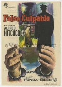5d992 WRONG MAN Spanish herald 1959 Alfred Hitchcock, different Mac art of Henry Fonda & handcuffs!
