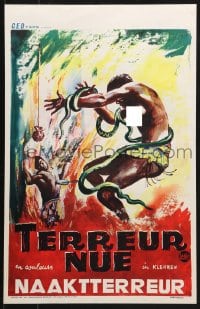 5f303 NAKED TERROR Belgian 1961 wild artwork of topless woman dancing with snakes, Terreur Nue!