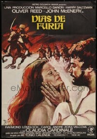 5f641 ONE RUSSIAN SUMMER Spanish 1973 art of Oliver Reed on horseback + sexy Claudia Cardinale!