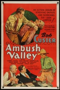 5g509 AMBUSH VALLEY 1sh 1936 art of Bob Custer fighting with two other cowboys!
