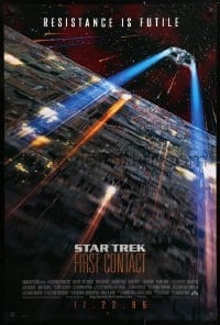 5g909 STAR TREK: FIRST CONTACT int'l advance DS 1sh 1996 starship Enterprise above Borg cube!