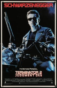 5g067 TERMINATOR 2 26x40 video poster 1991 Arnold Schwarzenegger on motorcycle with shotgun!