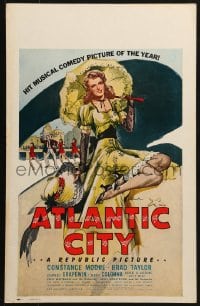 5h016 ATLANTIC CITY WC 1944 sexy art of Constance Moore with bonnett & umbrella by Schaeffer!