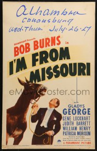 5h228 I'M FROM MISSOURI WC 1939 wacky artwork image of Bob Burns in tuxedo leading donkey on rope!