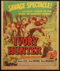 5h250 IVORY HUNTER WC 1952 cool art of hunters pointing guns at stampeding of African elephants!
