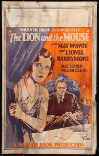 5h305 LION & THE MOUSE WC 1928 cool art of May McAvoy & Lionel Barrymore holding ticker tape!