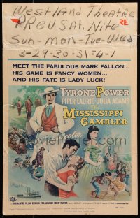 5h348 MISSISSIPPI GAMBLER WC 1953 Tyrone Power's game is fancy women like Piper Laurie!
