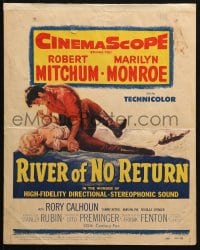 5h460 RIVER OF NO RETURN WC 1954 great artwork of Robert Mitchum holding down sexy Marilyn Monroe!