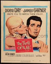 5h473 THRILL OF IT ALL WC 1963 wonderful artwork of Doris Day kissing James Garner!