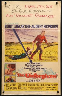 5h478 UNFORGIVEN WC 1960 McCarthy & Cravath art of Burt Lancaster & Audrey Hepburn, John Huston
