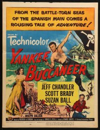 5h486 YANKEE BUCCANEER WC 1952 cool art of barechested pirate Jeff Chandler swinging on rope w/gun